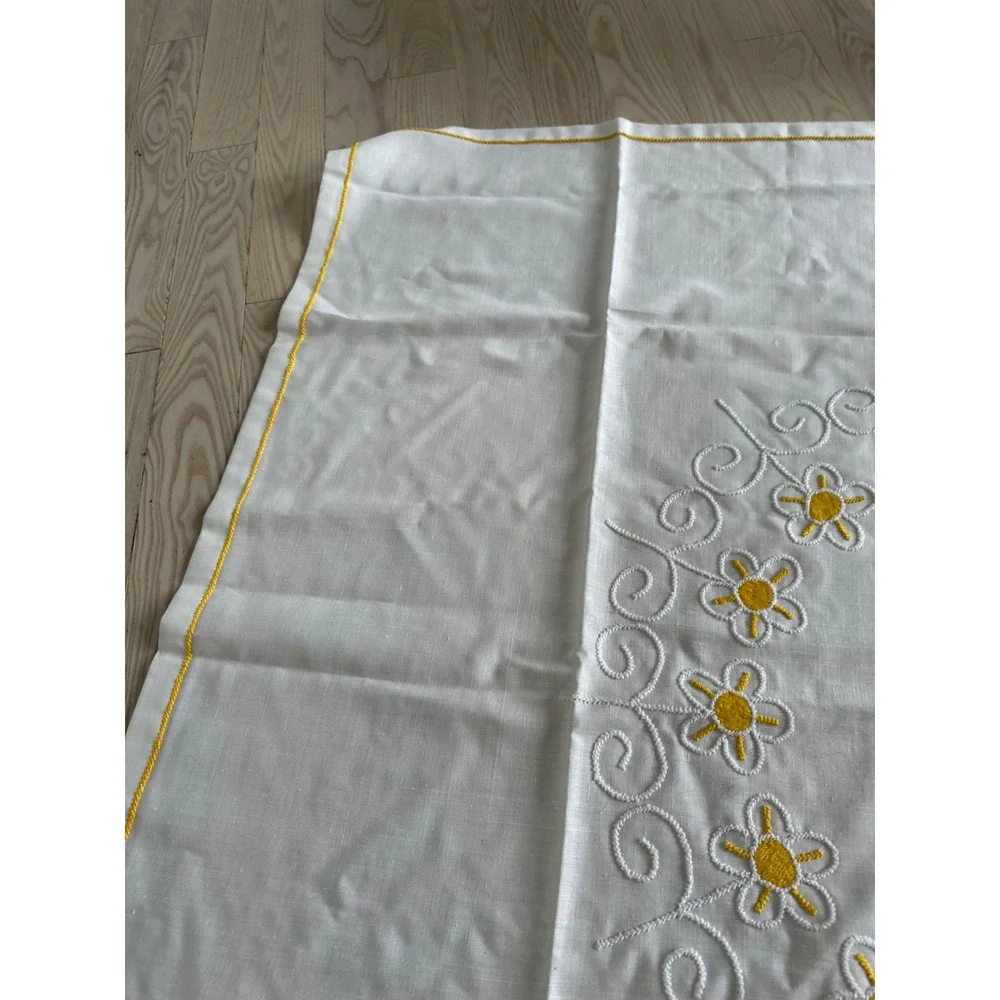 Vintage White Linen Tablecloth Yellow Daisy Hand Embroidered Floral Border